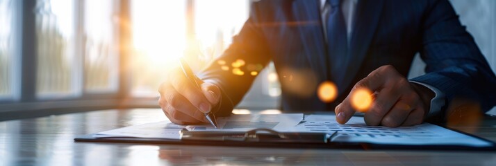 A professional man in a suit writing on a document at a desk, with warm sunlight streaming through a window.