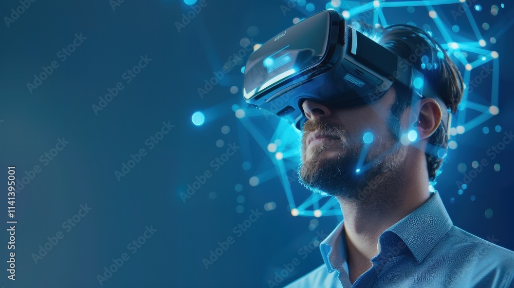 Aufkleber a man wearing a vr headset experiences a virtual environment, surrounded by digital connections and 