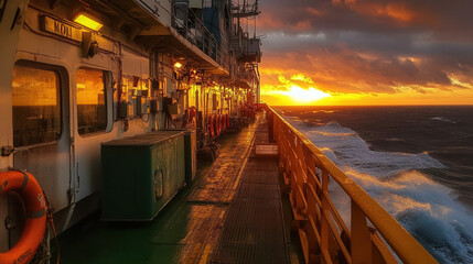 stunning offshore view at sunset with waves crashing against ship side, showcasing beauty of nature and maritime life