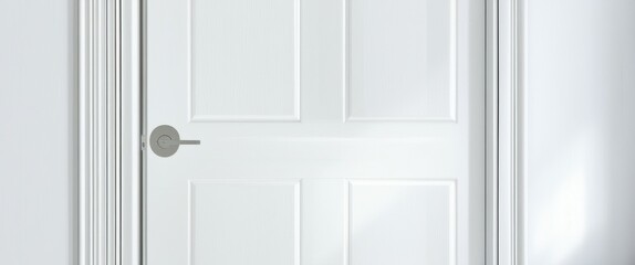 A close-up photograph of a white door with a silver doorknob, taken from a low angle. The door is centered in the frame, and the background is a plain white wall. The lighting is soft and even, castin
