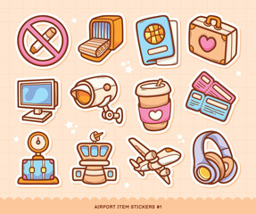Airport Stickers Doodle Color Vector Collection 