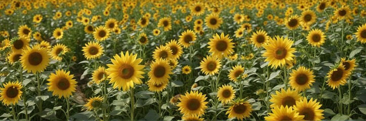 Chamomile flowers swaying gently in the breeze amidst a lush carpet of tall sunflowers, field of chamomile, blooming flowers