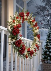 Fototapeta premium Sparkling white Christmas tree with bright red berries and a white grapevine wreath perched on a frosty railing, winter holiday decor, snow-covered railing, white christmas tree