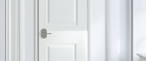 A close-up photograph of a white door with a silver doorknob, taken from a low angle. The door is centered in the frame, and the background is a plain white wall. The lighting is soft and even, castin