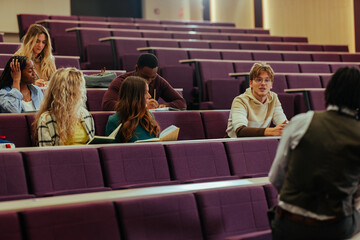 University students interacting during lecture in auditorium