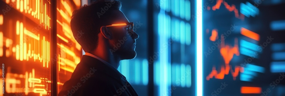 Poster man analyses data charts on bright screens in a dark room.
