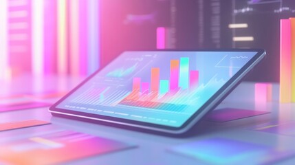 Fototapeta premium Tablet displays colorful data graphs, charts.