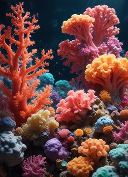 Colorful coral and tunicates growing together, ocean floor, coral reef