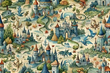 Fototapeta premium fantasy dragons and castles seamless pattern