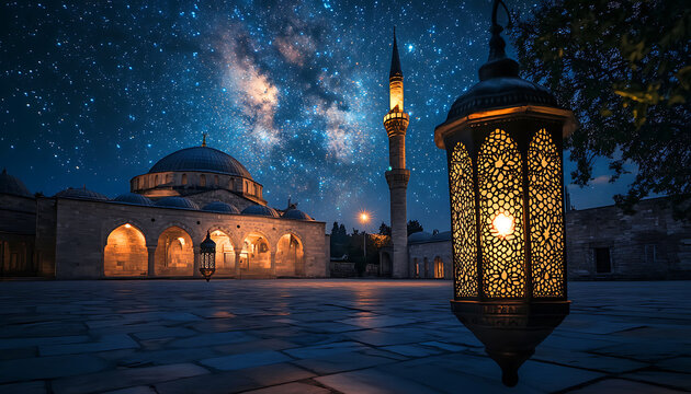 A beautiful Arabic lantern with a burning candle illuminated the star night sky. Ai generative