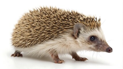 Fototapeta premium A close-up of a hedgehog on a white background, showcasing its brown spines, small eyes, and soft belly for a clean, simple look