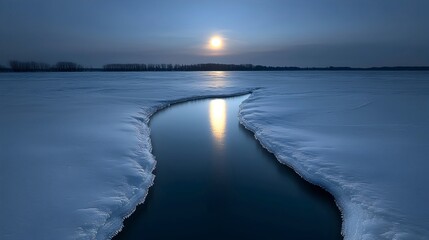 Fototapeta premium Frozen Landscape with Reflective Water at Dusk