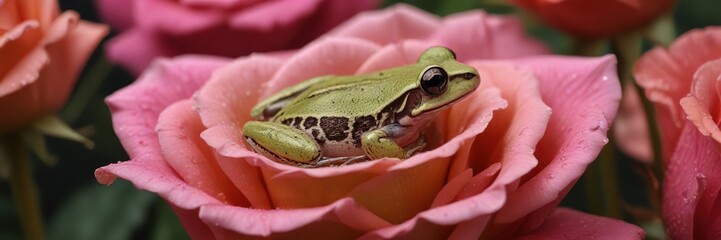 Obraz premium tiny Pacific chorus frog in the center of a rose , nature, center, flower