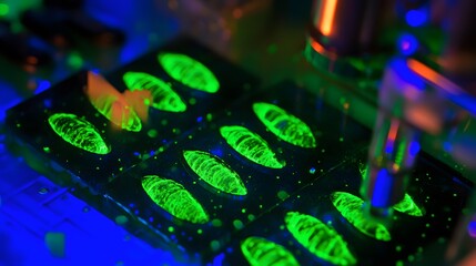 Green glowing cells under microscope reveal the intricate beauty of microscopic life, symbolizing the delicate balance and complexity of biological processes in nature