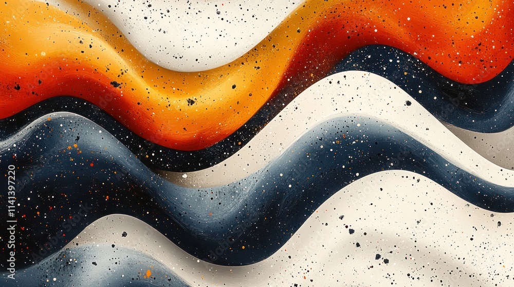 Poster abstract waves in vibrant colors with speckles, creating a dynamic visual texture.