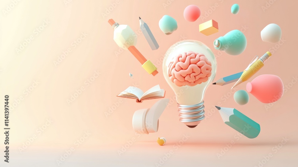 Poster brain inside lightbulb with floating stationery objects.
