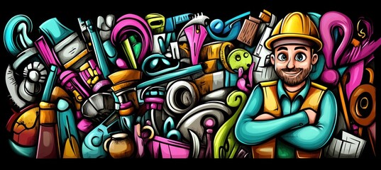 Worker with building tools and painting materials in a doodle style illustration.