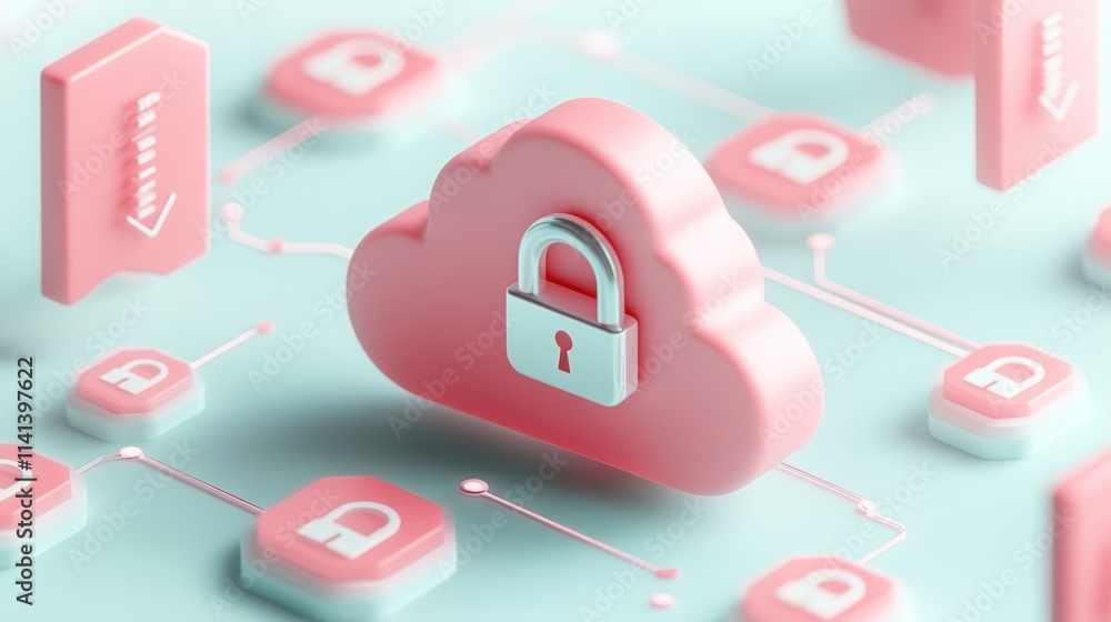 Poster secure pink cloud computing network with padlocks on light blue background.