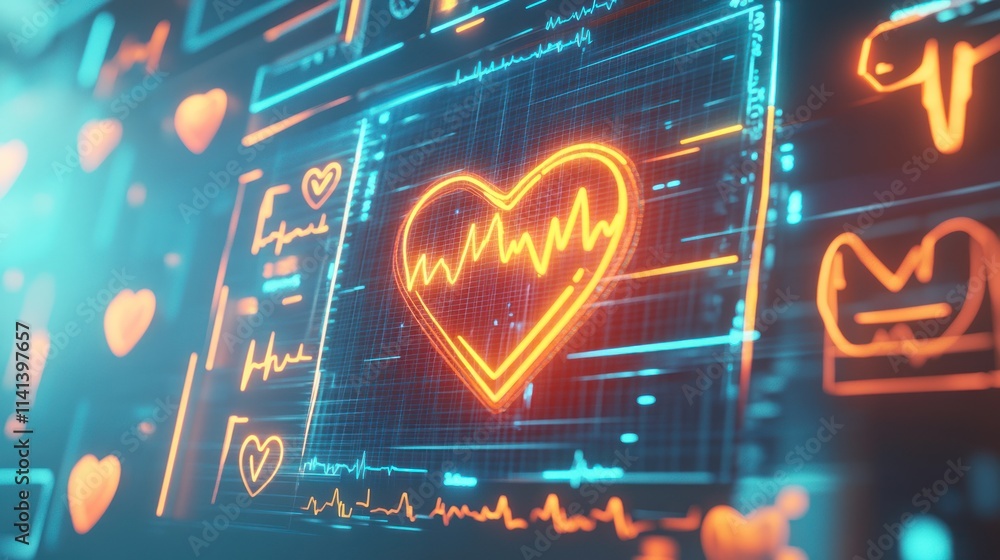 Poster digital heart monitor displaying vital signs on glowing interface.