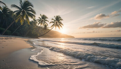A serene image of a tropical beach at sunrise, with gentle waves lapping against the shore. Palm trees sway in the breeze, framed by soft light and subtle textures for an inviting composition.