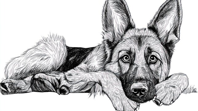 German shepherd sketch resting, rendered in black ink.