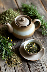 An arrangement of herbal tea in a rustic ceramic teapot and cup, surrounded by loose dried herbs, fresh rosemary, and chamomile flowers on a textured wooden surface