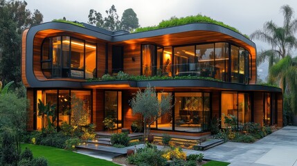 Obraz premium A modern house with lush greenery and large glass windows, showcasing contemporary architecture.