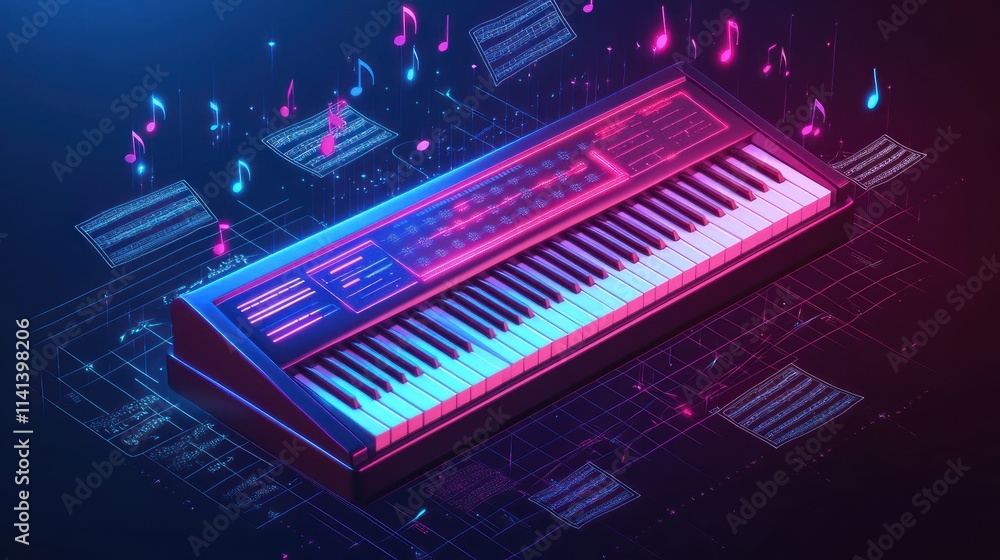 Poster synth keyboard with floating sheet music notes, neon glow effect.
