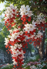 Naklejka premium Vibrant red and white flowers cascade down the tree , blossom explosion, floral abundance
