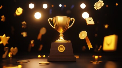 Golden trophy with awards floating on dark stage.