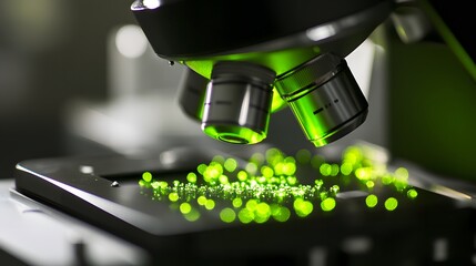 Green glowing cells under microscope reveal the intricate beauty of microscopic life, symbolizing the delicate balance and complexity of biological processes in nature