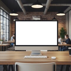Fototapeta premium Work place concept : Mock up Blank screen computer desktop with keyboard in cafe or co-working background.