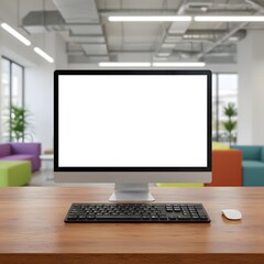 Fototapeta premium Work place concept : Mock up Blank screen computer desktop with keyboard in cafe or co-working background.