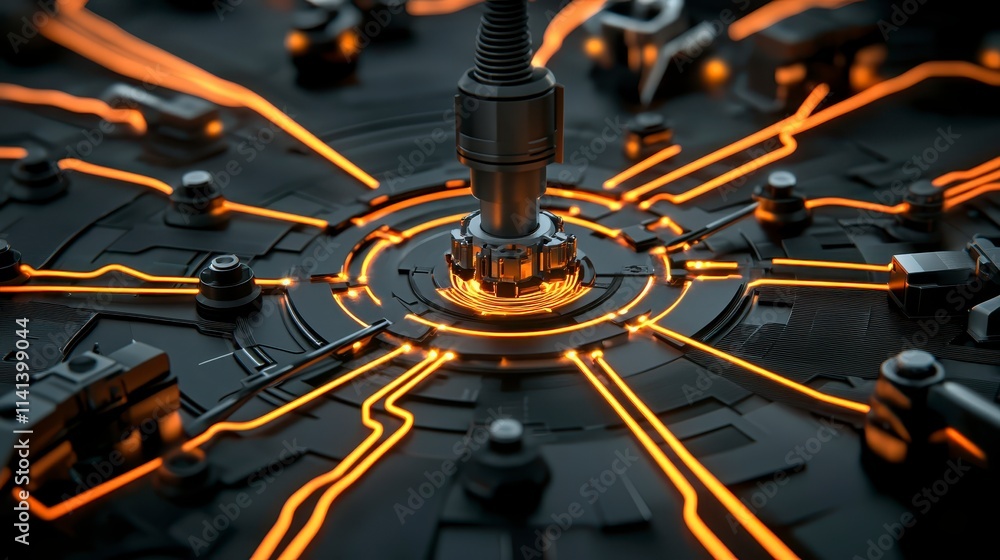 Poster a close-up of a futuristic circuit board with glowing orange lines, highlighting intricate details a