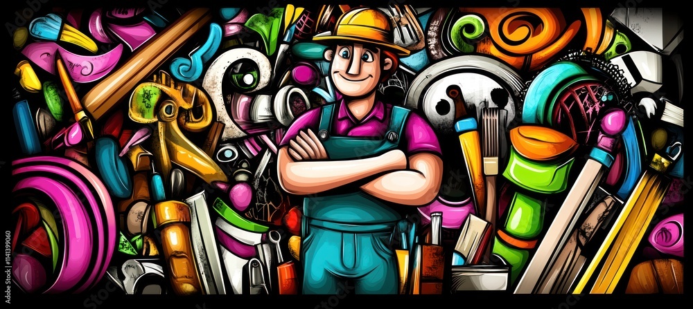 Poster smiling worker with tools.