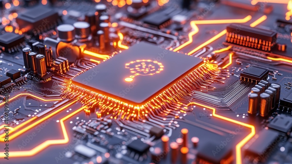 Poster a close-up view of a circuit board featuring an illuminated microchip, showcasing intricate pathways