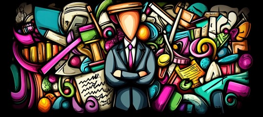 Obraz premium Faceless businessman with arms crossed surrounded by colorful doodles.