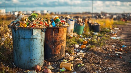 Obraz premium Overflowing Rusty Metal Bins Filled With Food Scraps in Field