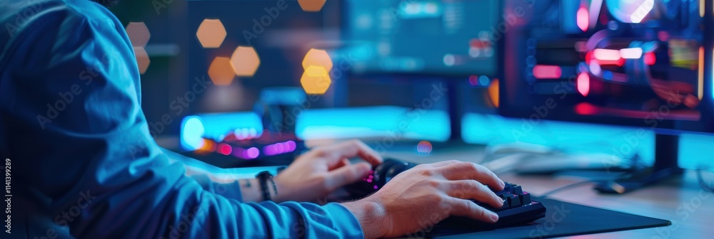 Poster a gamer uses a mouse and keyboard in a dimly lit room, with colorful lights from a computer setup cr