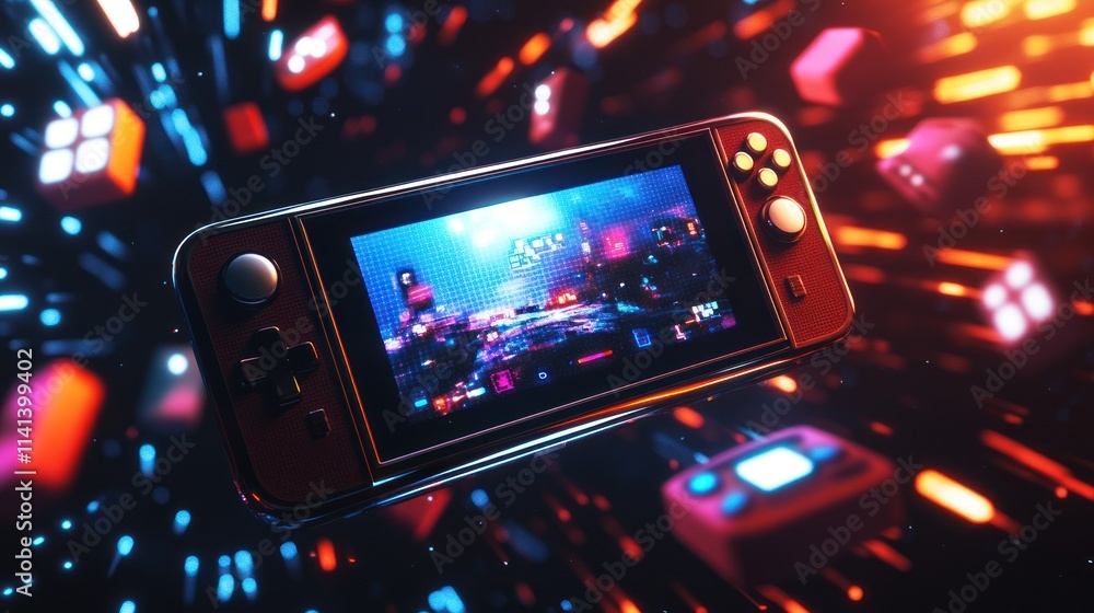 Poster red handheld game console with glowing abstract blocks floating around.