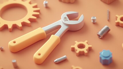 Wrench, screws, and gears scattered on orange.