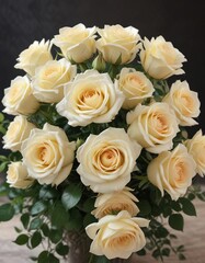 Obraz premium Delicate cream-colored roses arranged in a loose bouquet, grey background, arrangement, white