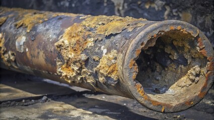 Close-up of a Corroded Metal Pipe with Flaking Rust and Mineral Deposits