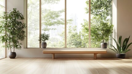 Fototapeta premium Bright room with natural light, plants, and wooden bench.