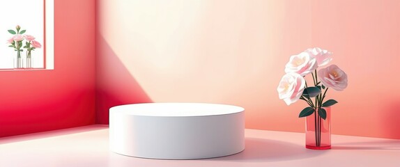 Photo of a white cylindrical object on a pink background with pink and white flowers scattered around it. The object is centered and has a soft, diffused light shining on it. The flowers are in variou