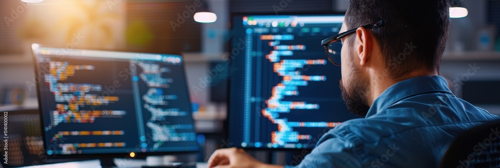 Poster a programmer writes code on dual monitors, surrounded by a modern workspace, showcasing a blend of t