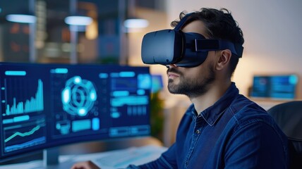 A man wearing a VR headset is immersed in a digital environment, surrounded by monitors displaying data and graphics in a modern workspace.