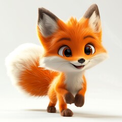 Obraz premium 3D cartoon illustration of a cute and playful orange fox, featuring big eyes, fluffy tail and mischievous pose, isolated on a white background.