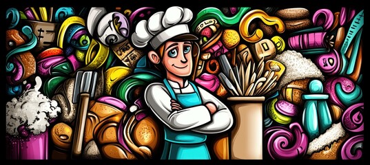 Smiling chef surrounded by colorful kitchen utensils and food.