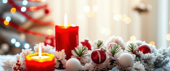Photo of a festive holiday centerpiece on a table, featuring several red candles in different sizes, some with melted wax, surrounded by small ornaments, pinecones, and red berries. The background is 